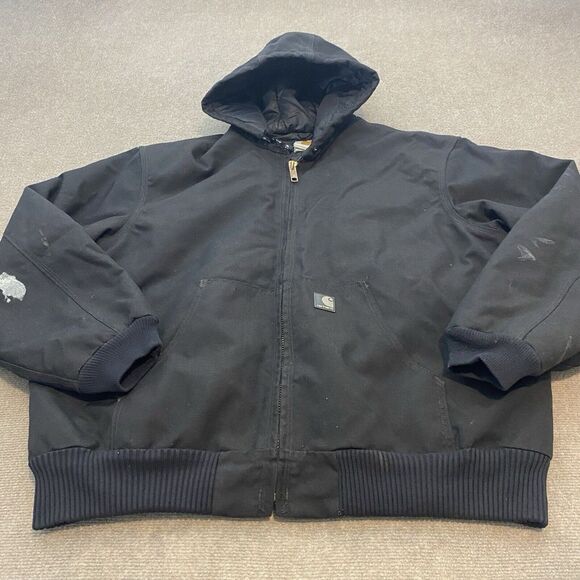 Carhartt J133 Bomber Jacket Mens XL Coat Black Hooded Full Zip Distressed Grunge - Picture 1 of 15